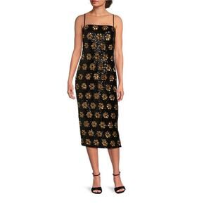 Alex Marie Black Midi Dress with Gold Floral Design